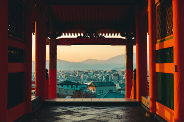 Fototapeta na wymiar Mountain landscape with Japanese temple cityscape