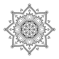 Circular pattern in form of mandala with Lotus flower for Henna, Mehndi, tattoo, decoration. Decorative ornament in ethnic oriental style. Outline doodle hand draw vector illustration.