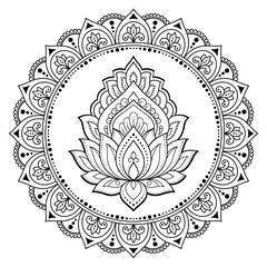 Circular pattern in form of mandala with Lotus flower for Henna, Mehndi, tattoo, decoration. Decorative ornament in ethnic oriental style. Outline doodle hand draw vector illustration.