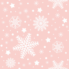 Naklejka na ściany i meble Seamless winter cute pink background with snowflakes, white snowflakes, childrens background.for greeting card design, wallpaper, holiday wrapping paper, store advertisements, textile fabric, print 