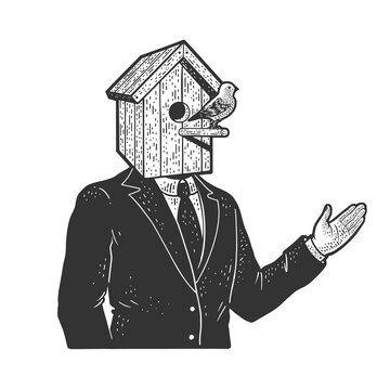 recommend clip art: businessman with birdhouse head sketch engraving vector illustration. T-shirt apparel print design. Scratch board imitation. Black and white hand drawn image.