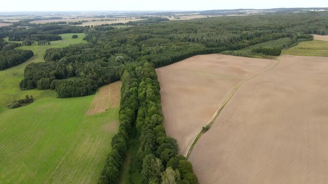 Drone view of Dylewska gora forest, Poland. Highest point in north-east Poland. Woods, green meadow and brown huge fields. 