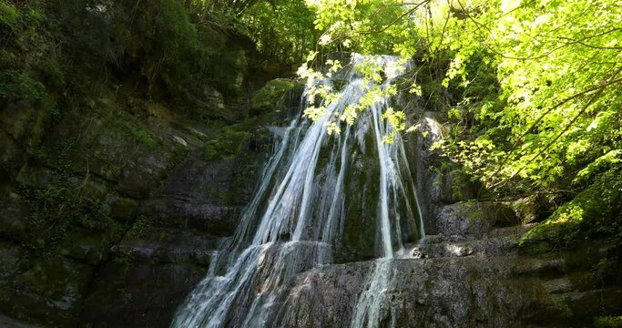 Spring in Gorg De L Olla waterfall in La Garrotxa, Girona, Spain