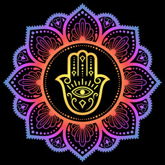 Color Circular pattern in form of mandala with ancient hand drawn symbol Hamsa for decoration. Decorative ornament in oriental style. Rainbow design on black background. "Hand of Fatima".