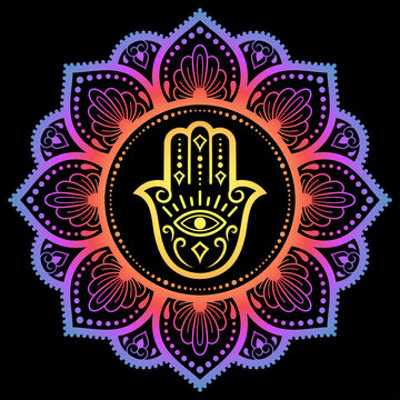Color Circular pattern in form of mandala with ancient hand drawn symbol Hamsa for decoration. Decorative ornament in oriental style. Rainbow design on black background. "Hand of Fatima".