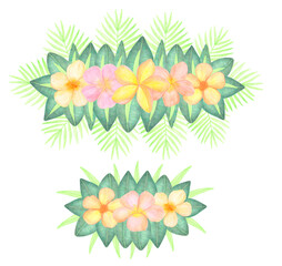 Fototapeta na wymiar Tropical horizontal borders with watercolor plumeria flowers and leaves