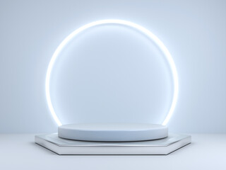 Empty podium for products display and neon light frame background. 3d rendering