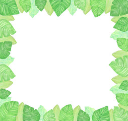 Naklejka premium Watercolor square frame of tropical leaves. A background for invitations, advertising, postcards.