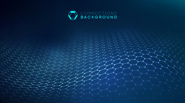 Network connection concept black background vector illustration. Futuristic hexagon perspective wide angle lanscape. Futuristic honeycomb concept. 3d landscape. Big data digital background. © RDVector