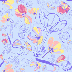 Fototapeta na wymiar Seamless floral pattern with tulips. Flowers on a blue background.