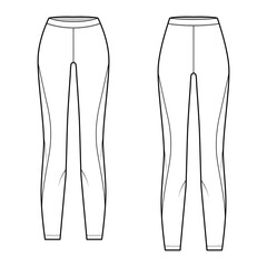 Set of Yoga pants Leggings pants technical fashion illustration with normal low waist, high rise, full length. Flat sport knit, trousers apparel template front white color. Women men unisex CAD mockup