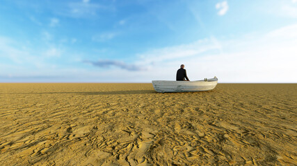 Naklejka na ściany i meble Concept or conceptual desert landscape with a man in a boat as a metaphor for global warming and climate change. A warning for the need to protect our environment and future 3d illustration