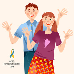 Smiling boy and girl with Down Syndrome. World Down Syndrome Day.
