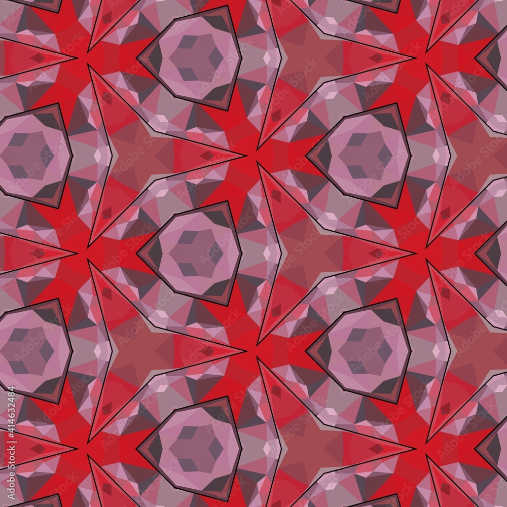 Poster patterns and repeating designs from cubist style triangular mosaic in shades of red and pink