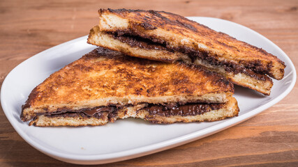 Triangle sliced French toast with chocolate close-up