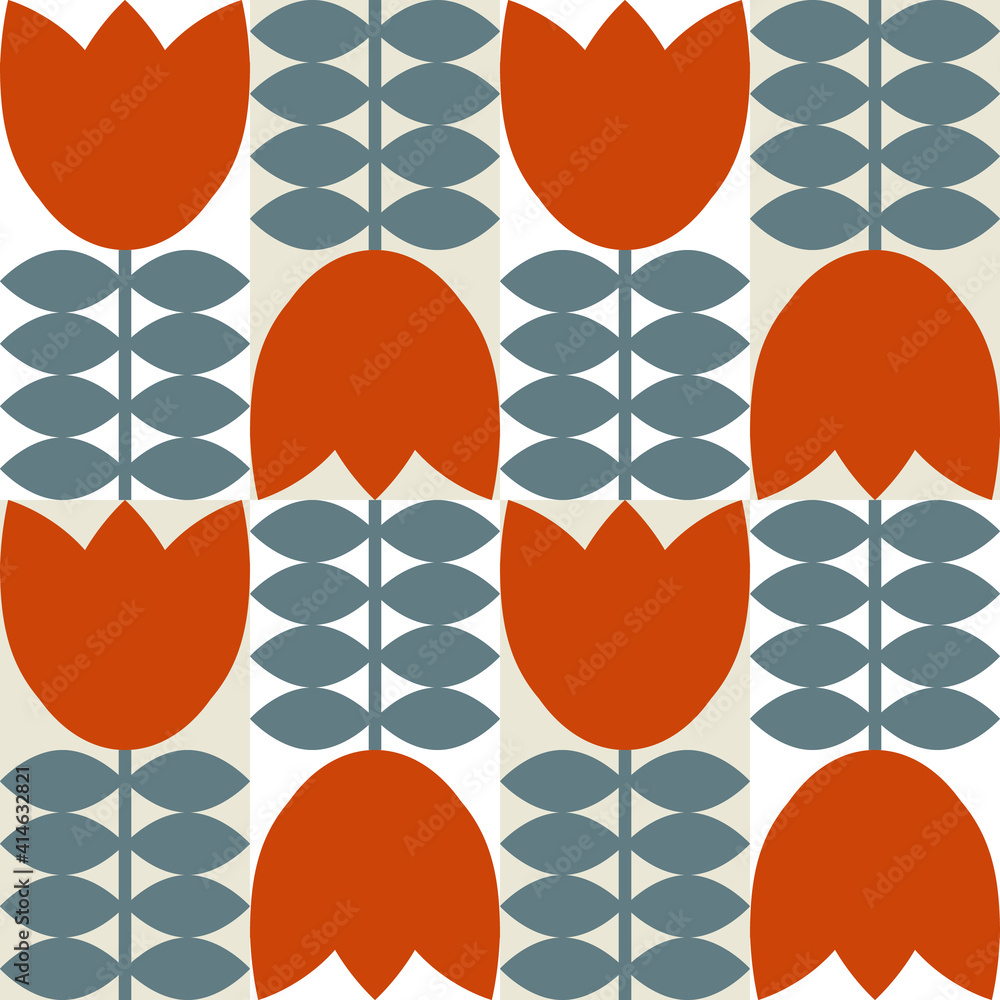 Aufkleber Modern vector abstract  geometric background with stylized flowers, leaves and stems  in retro scandinavian style. Pastel colored simple shapes graphic seamless pattern.