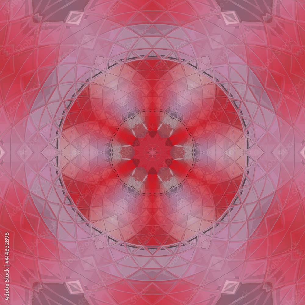 Poster patterns and hexagonal floral fantasy designs from cubist style triangular mosaic in shades of red a