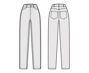 Skinny Jeans Denim pants technical fashion illustration with full length, normal waist, high rise, coin, 5 pockets, Rivets. Flat bottom template front, back, grey color style. Women, unisex CAD mockup