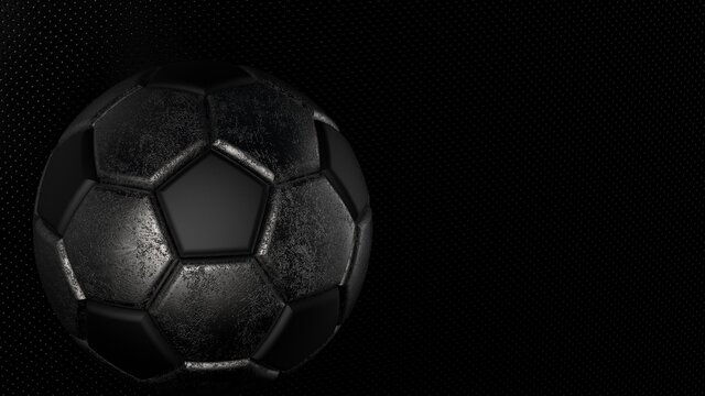 Rusty metallic silver-black soccer ball on spot light. 3D illustration. 3D high quality rendering.