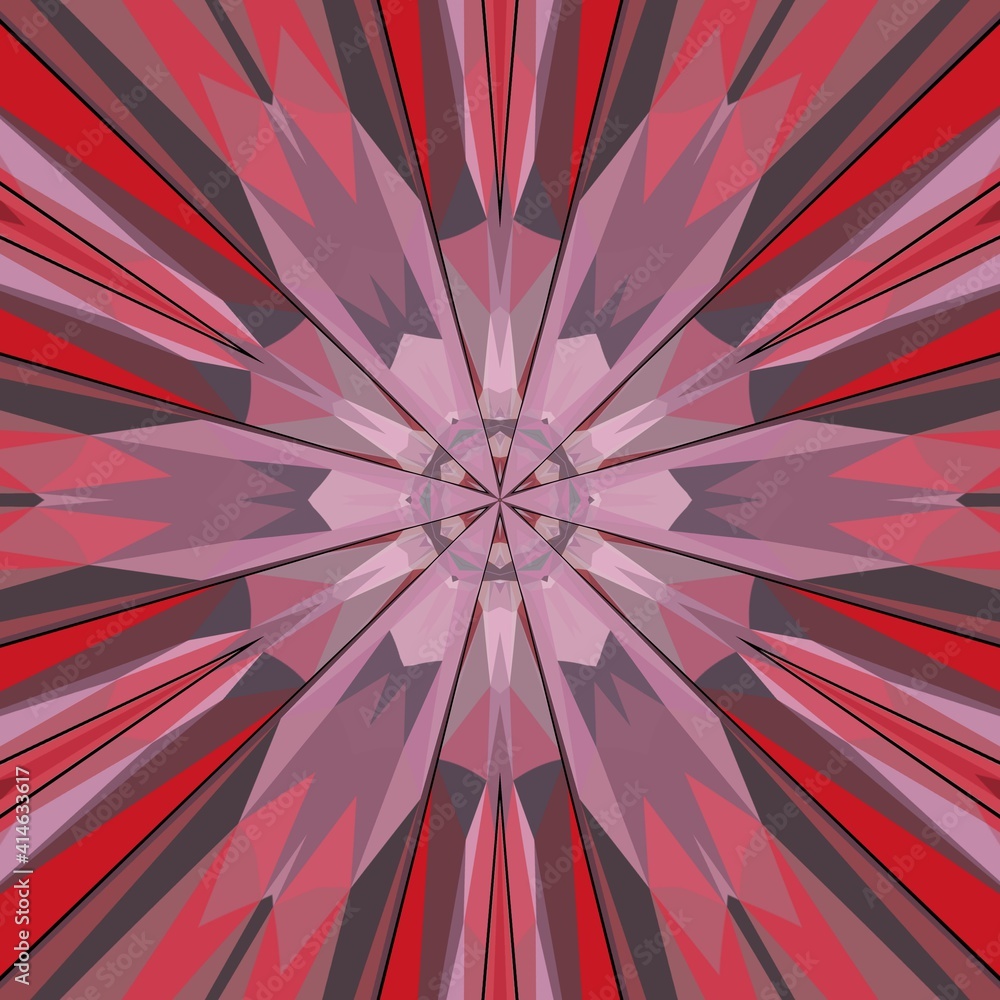 Poster patterns and hexagonal floral fantasy designs from cubist style triangular mosaic in shades of red a