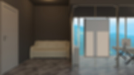 Unfocused, Blur phototography.  Modern office building interior. 3D rendering.. Blank paintings.