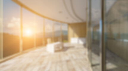 Unfocused, Blur phototography.  Modern meeting room. 3D rendering.. Sunset.