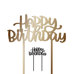 Happy Birthday cake topper with stick vector design for party decoration. Calligraphy sign for laser cutting. 