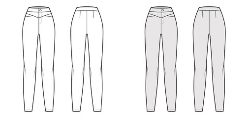 Yoked pants technical fashion illustration with normal waist, high rise, full length, fitted body. Flat casual bottom trousers apparel template front, back, white grey color. Women unisex CAD mockup
