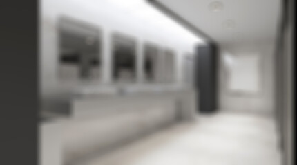 Unfocused, Blur phototography.  Contemporary interior of public toilet. 3D rendering.