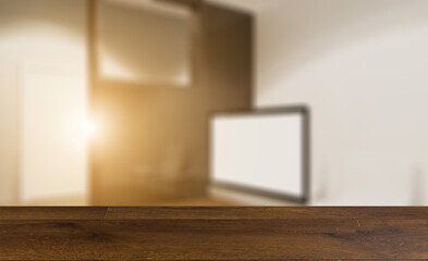 Fototapeta na wymiar Background with empty table. Flooring. . Sunset.. Modern office Cabinet. 3D rendering. Meeting room
