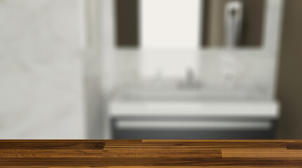 Background with empty table. Flooring. Clean and fresh bathroom with natural light. 3D rendering.