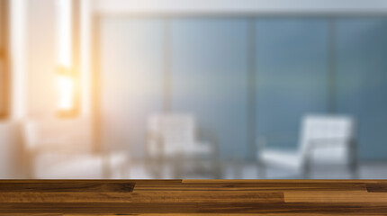 Background with empty table. Flooring. Modern office building interior. 3D rendering.. Sunset.