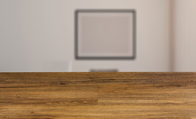 Elegant office interior. Mixed media. 3D rendering.. Empty paintings. Abstract blur phototography. wooden table on blurred background.