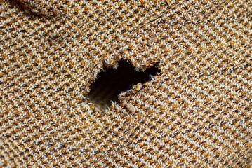 Tattered black hole on brown striped old clothes
