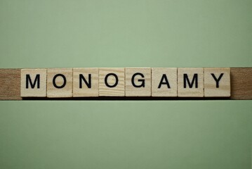 gray word monogamy made of wooden square letters on green background
