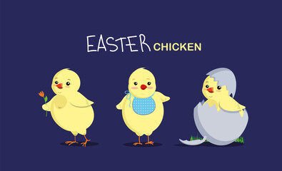 Easter chickens. Three small chickens are a symbol of the Easter holiday. Postcard, layout, greeting, decor.