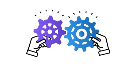 Hands holding two gears jigsaw puzzle pieces together to find a solution.Theory and practice concept. Flat design vector illustration