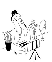 Beauty blogger recording a make up tutorial. Line art raster illustration.