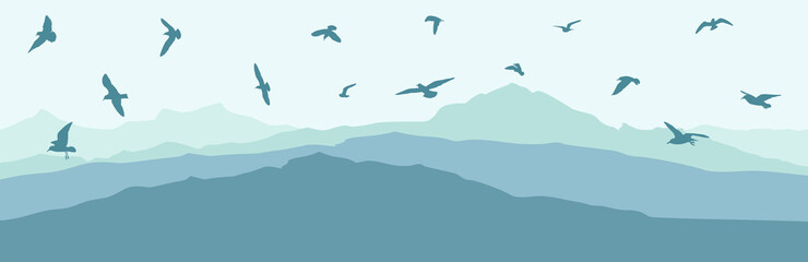 Flying birds over mountains, silhouette. Beautiful landscape. Vector illustration.