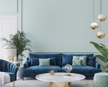 Home interior mockup with blue sofa, marble table and tiffany blue wall decor in living room, 3d render © lilasgh