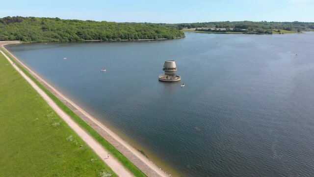 Bewl Water reservoir draw-off tower and overflow tower sunny day aerial