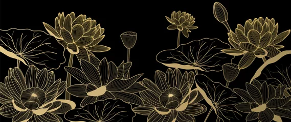 Luxuriöser goldener Lotus-Hintergrundvektor. Gold Lotus Line Arts Design für Tapeten, Wandkunst, Stoffe, Drucke und Hintergrundtextur, Vektorillustration. © TWINS DESIGN STUDIO