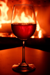 Close-up of a glass of white wine in the backlight of a burning fireplace.
