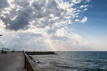 Tel-Aviv port promenade at cold winter sunset