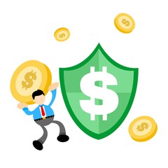 businessman worker and dollar shield business money protection cartoon doodle flat design style vector illustration