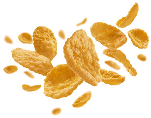 Corn flakes levitate on a white background