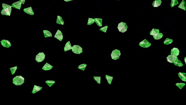 Green emerald diamonds falling against a black background. Rain of emeralds. 3D animation
