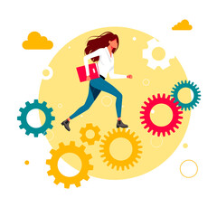 office workers, managers, woman, girl Successful businessmen running up the career gears mechanism. Business goal achievement, career ladder progress, advancement, Career growth, Vector illustration