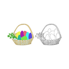 A jpeg illustration of two Easter baskets with eggs and flowers isolated on white background. One bunny is colored, another is black and white. Designed as a coloring book page for adults and kids.