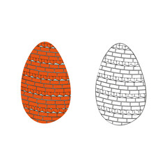A vector illustration of two eggs ornamented with tiny orange bricks isolated on white background. One egg is colored orange, another is black and white. Designed as a coloring book page